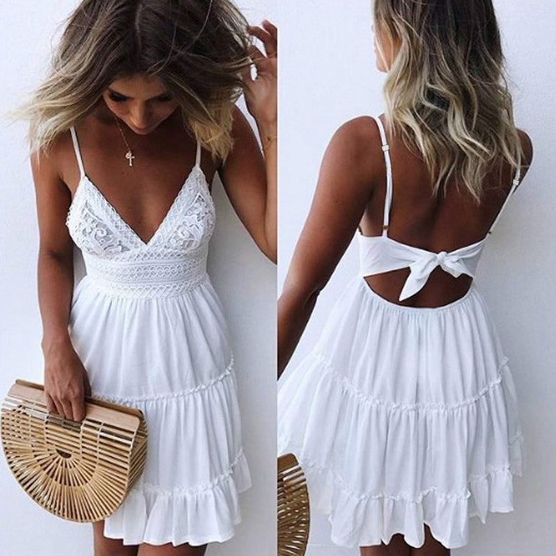 ECOWISH Summer Dresses for Women 2026 V-Neck Spaghetti Strap Bowknot Backless Sleeveless Lace Mini Swing Skater Dress White Small - Image 4